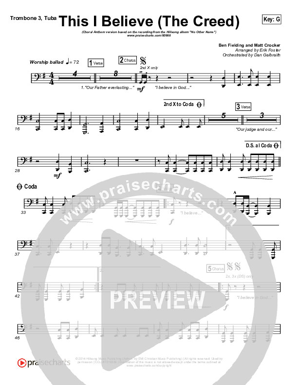 This I Believe (The Creed) (Choral Anthem SATB) Trombone 3/Tuba (Hillsong Worship / Arr. Erik Foster)
