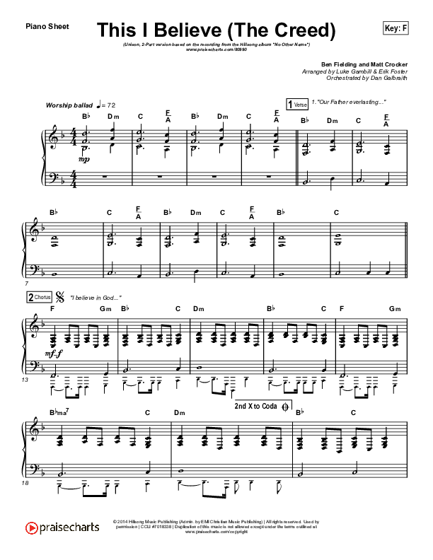 This I Believe (The Creed) (Unison/2-Part) Piano Sheet (Hillsong Worship / Arr. Erik Foster)
