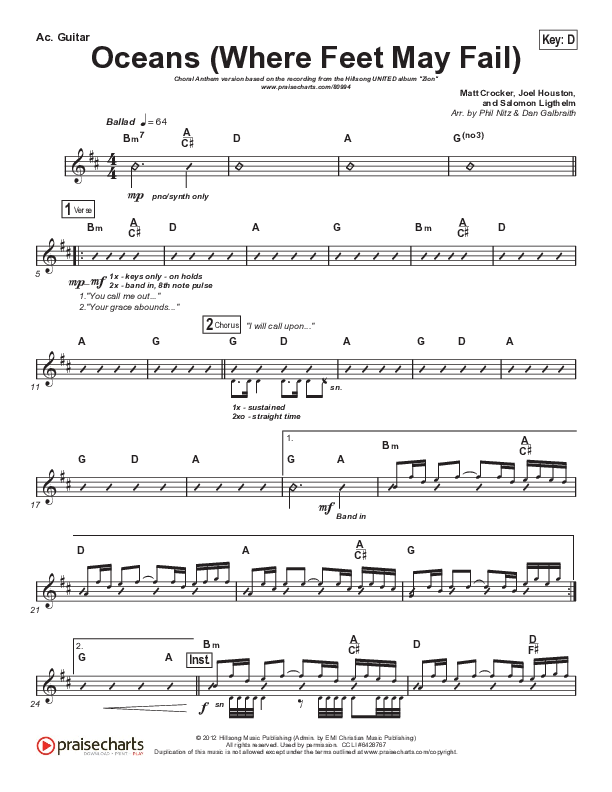 Oceans (Where Feet May Fail) (Choral Anthem SATB) Acoustic Guitar (Hillsong UNITED / TAYA / Arr. Phil Nitz)