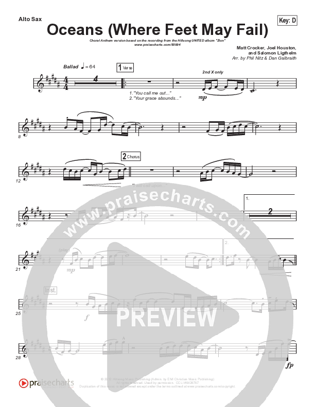 Oceans (Where Feet May Fail) (Choral Anthem SATB) Alto Sax (Hillsong UNITED / TAYA / Arr. Phil Nitz)