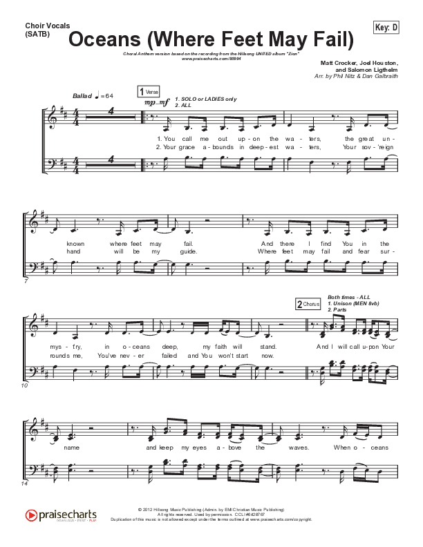 Oceans (Where Feet May Fail) (Choral Anthem SATB) Choir Sheet (SATB) (Hillsong UNITED / TAYA / Arr. Phil Nitz)