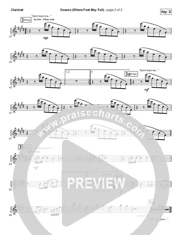 Oceans (Where Feet May Fail) (Choral Anthem SATB) Clarinet 1,2 (Hillsong UNITED / TAYA / Arr. Phil Nitz)