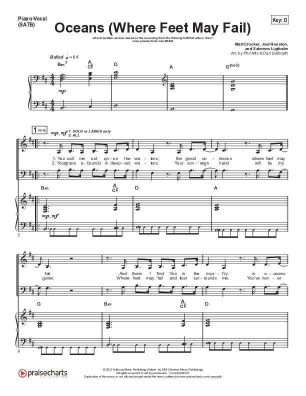 Oceans (Where Feet May Fail) (Choral Anthem SATB) Piano/Vocal (SATB) (Hillsong UNITED / TAYA / Arr. Phil Nitz)