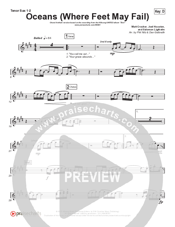Oceans (Where Feet May Fail) (Choral Anthem SATB) Tenor Sax 1,2 (Hillsong UNITED / TAYA / Arr. Phil Nitz)