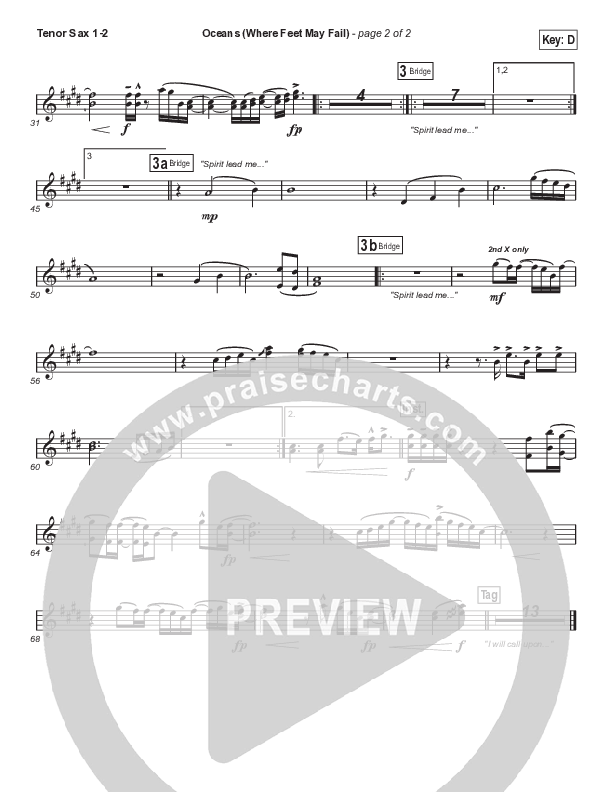 Oceans (Where Feet May Fail) (Choral Anthem SATB) Tenor Sax 1,2 (Hillsong UNITED / TAYA / Arr. Phil Nitz)