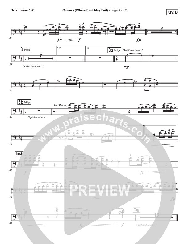 Oceans (Where Feet May Fail) (Choral Anthem SATB) Trombone 1,2 (Hillsong UNITED / TAYA / Arr. Phil Nitz)