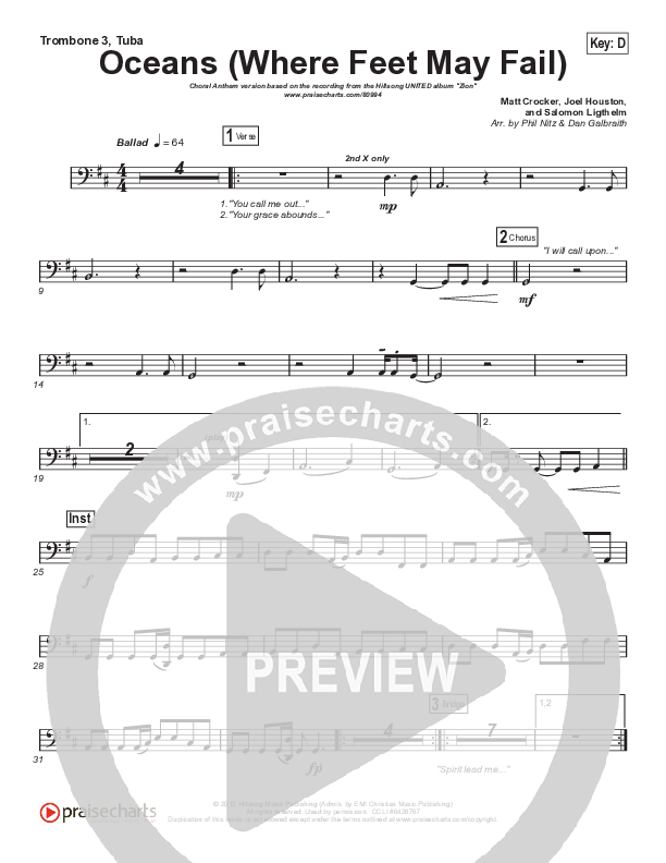 Oceans (Where Feet May Fail) (Choral Anthem SATB) Trombone 3/Tuba (Hillsong UNITED / TAYA / Arr. Phil Nitz)