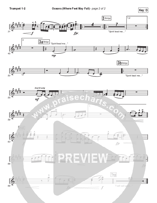 Oceans (Where Feet May Fail) (Choral Anthem SATB) Trumpet 1,2 (Hillsong UNITED / TAYA / Arr. Phil Nitz)