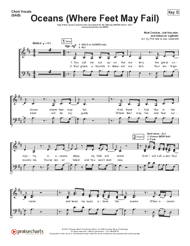 Oceans (Where Feet May Fail) (Worship Choir/SAB) Choir Sheet (SAB) (Hillsong UNITED / TAYA / Arr. Phil Nitz)
