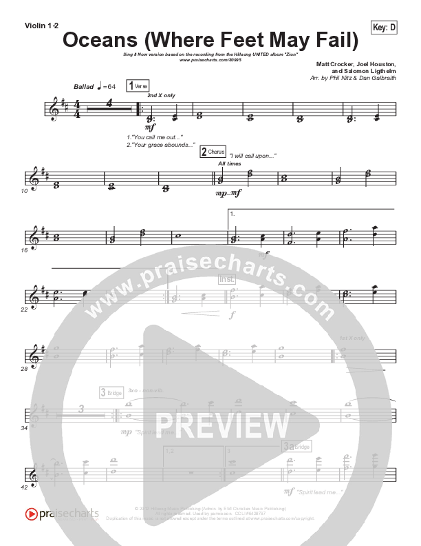 Oceans (Where Feet May Fail) (Worship Choir/SAB) Violin 1/2 (Hillsong UNITED / TAYA / Arr. Phil Nitz)