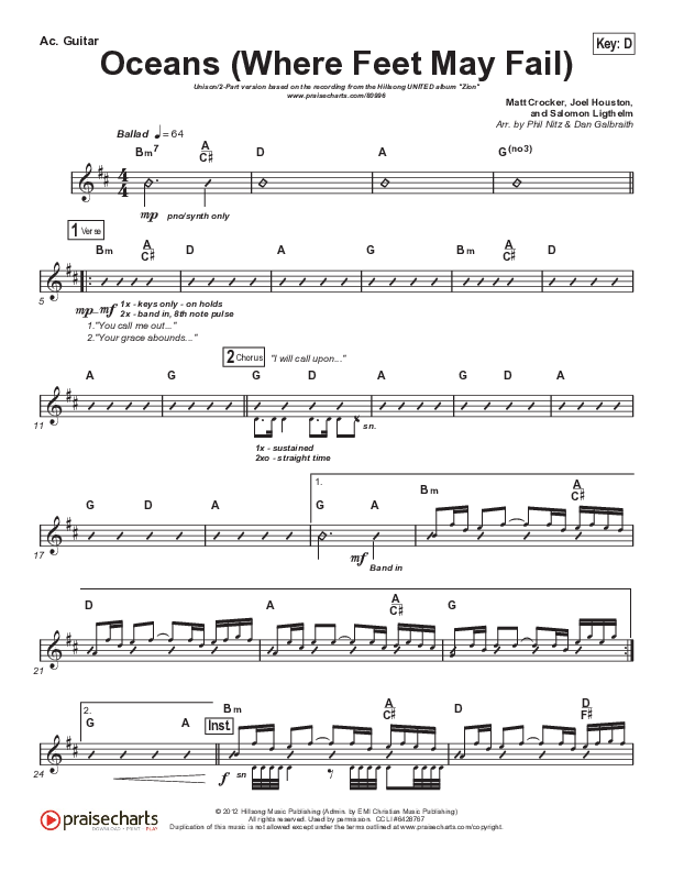Oceans (Where Feet May Fail) (Unison/2-Part) Acoustic Guitar (Hillsong UNITED / TAYA / Arr. Phil Nitz)