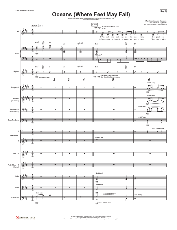 Oceans (Where Feet May Fail) (Unison/2-Part) Conductor's Score (Hillsong UNITED / TAYA / Arr. Phil Nitz)