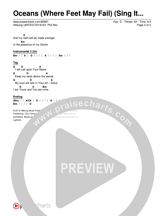 Oceans (Where Feet May Fail) (Sing It Now) Chords & Lyrics (Hillsong UNITED / TAYA / Arr. Phil Nitz)