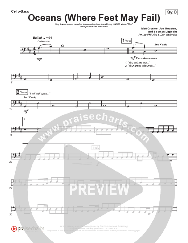 Oceans (Where Feet May Fail) (Sing It Now) Cello/Bass (Hillsong UNITED / TAYA / Arr. Phil Nitz)
