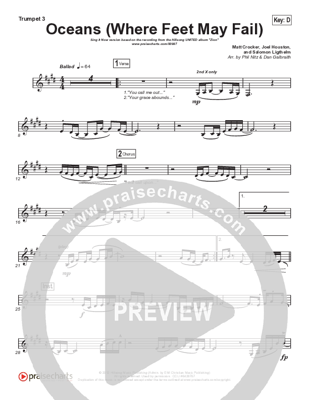 Oceans (Where Feet May Fail) (Sing It Now) Trumpet 3 (Hillsong UNITED / TAYA / Arr. Phil Nitz)