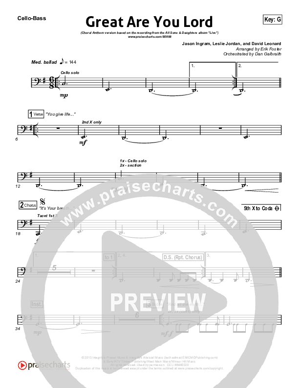 Great Are You Lord (Choral Anthem SATB) Cello/Bass (All Sons & Daughters / Arr. Erik Foster)