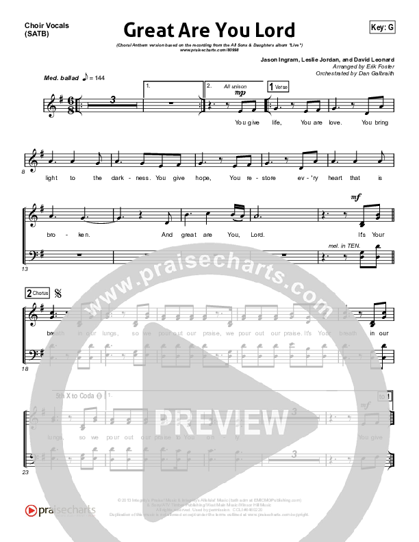 Great Are You Lord (Choral Anthem SATB) Choir Sheet (SATB) (All Sons & Daughters / Arr. Erik Foster)
