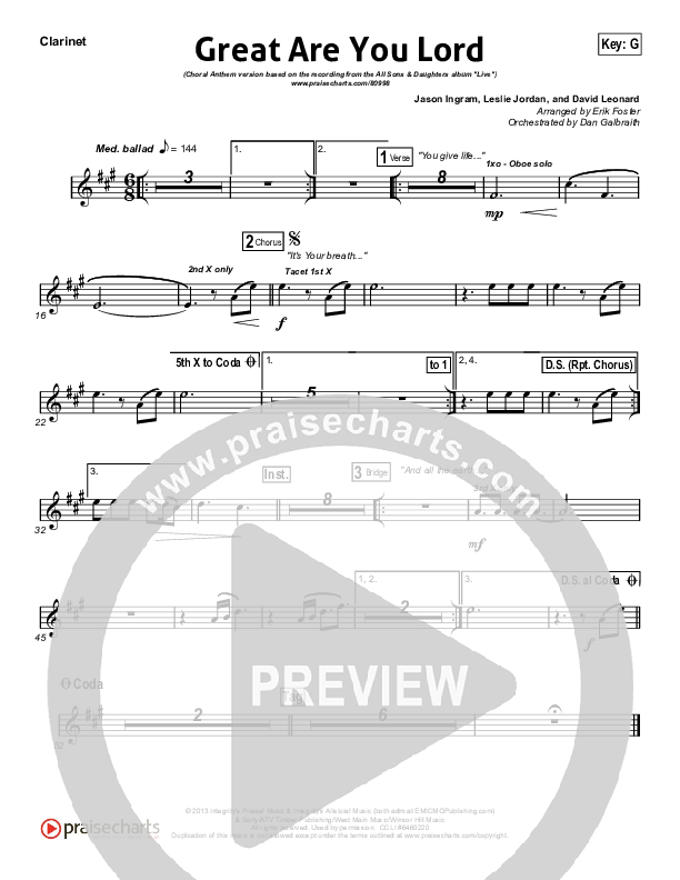 Great Are You Lord (Choral Anthem SATB) Wind Pack (All Sons & Daughters / Arr. Erik Foster)