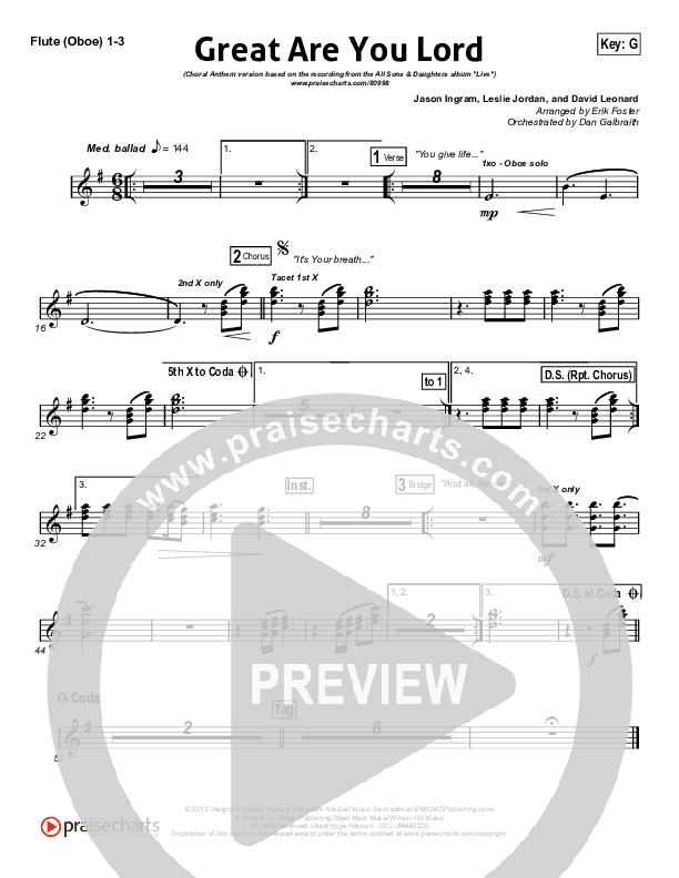 Great Are You Lord (Choral Anthem SATB) Flute/Oboe 1/2/3 (All Sons & Daughters / Arr. Erik Foster)