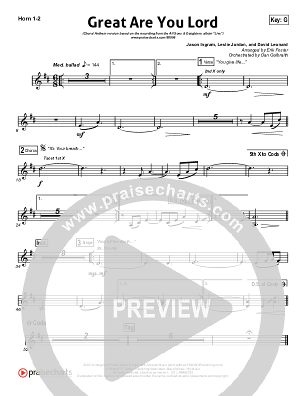 Great Are You Lord (Choral Anthem SATB) French Horn 1,2 (All Sons & Daughters / Arr. Erik Foster)