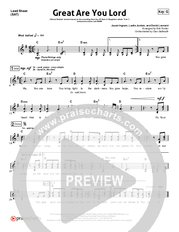 Great Are You Lord (Choral Anthem SATB) Lead Sheet (SAT) (All Sons & Daughters / Arr. Erik Foster)