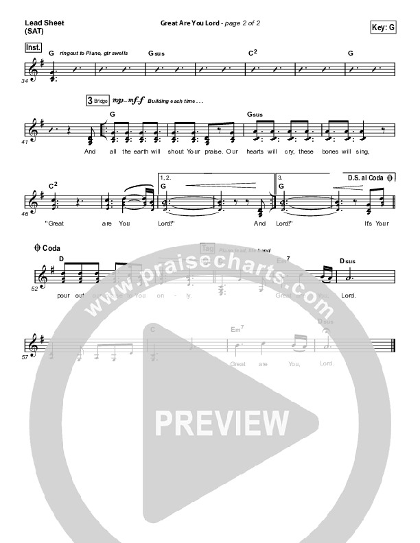 Great Are You Lord (Choral Anthem SATB) Lead Sheet (SAT) (All Sons & Daughters / Arr. Erik Foster)