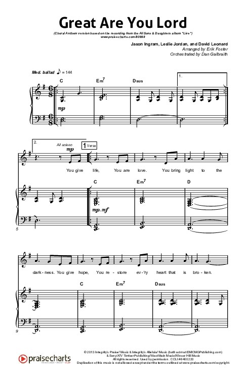 Great Are You Lord (Choral Anthem SATB) Octavo (SATB & Pno) (All Sons & Daughters / Arr. Erik Foster)