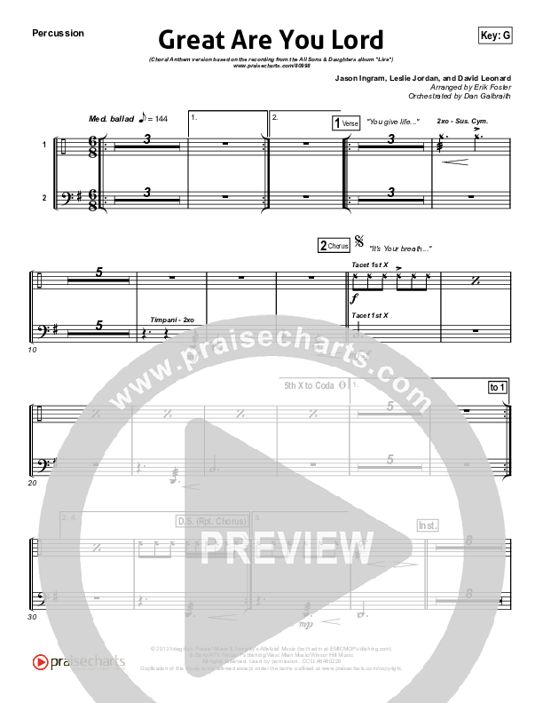 Great Are You Lord (Choral Anthem SATB) Percussion (All Sons & Daughters / Arr. Erik Foster)