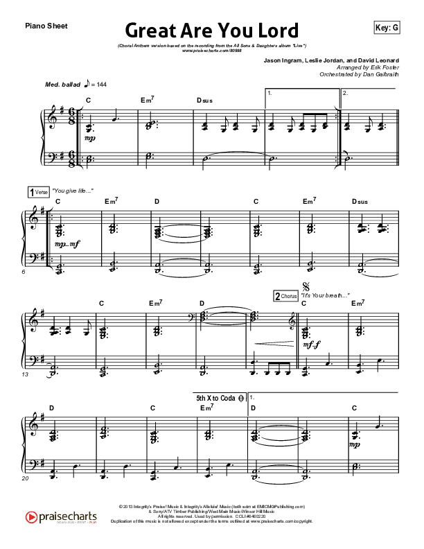 Great Are You Lord (Choral Anthem SATB) Piano Sheet (All Sons & Daughters / Arr. Erik Foster)