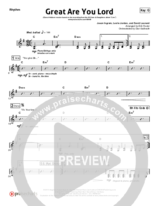 Great Are You Lord (Choral Anthem SATB) Rhythm Pack (All Sons & Daughters / Arr. Erik Foster)
