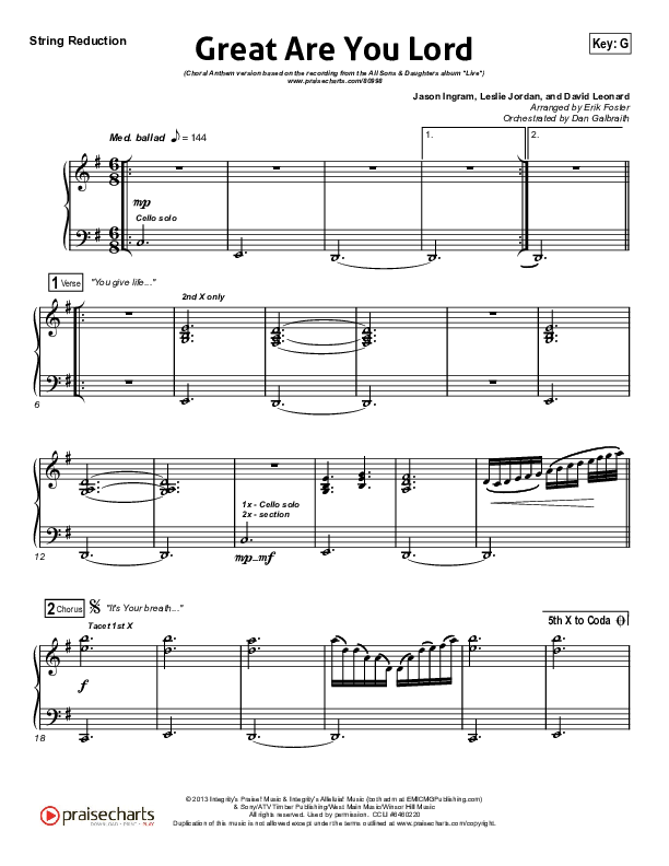 Great Are You Lord (Choral Anthem SATB) String Reduction (All Sons & Daughters / Arr. Erik Foster)