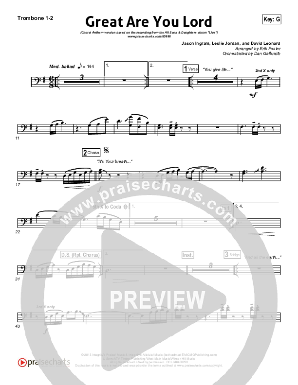 Great Are You Lord (Choral Anthem SATB) Trombone 1/2 (All Sons & Daughters / Arr. Erik Foster)