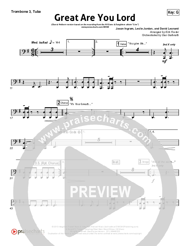 Great Are You Lord (Choral Anthem SATB) Trombone 3/Tuba (All Sons & Daughters / Arr. Erik Foster)