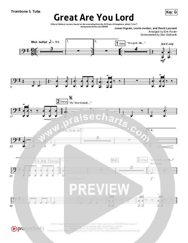 Great Are You Lord (Choral Anthem SATB) Trombone 1,2 (All Sons & Daughters / Arr. Erik Foster)