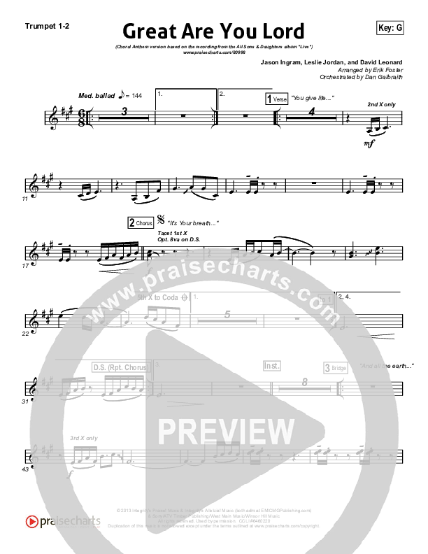 Great Are You Lord (Choral Anthem SATB) Trumpet 1,2 (All Sons & Daughters / Arr. Erik Foster)