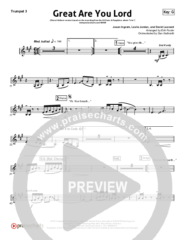 Great Are You Lord (Choral Anthem SATB) Trumpet 3 (All Sons & Daughters / Arr. Erik Foster)