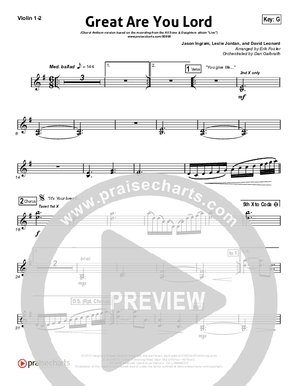Great Are You Lord (Choral Anthem SATB) Violin 1,2 (All Sons & Daughters / Arr. Erik Foster)