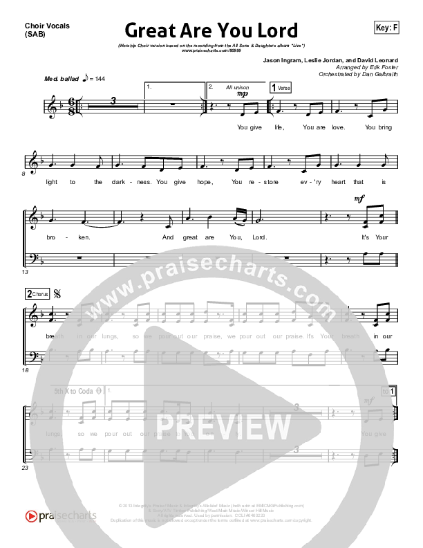 Great Are You Lord (Worship Choir/SAB) Choir Sheet (SAB) (All Sons & Daughters / Arr. Erik Foster)