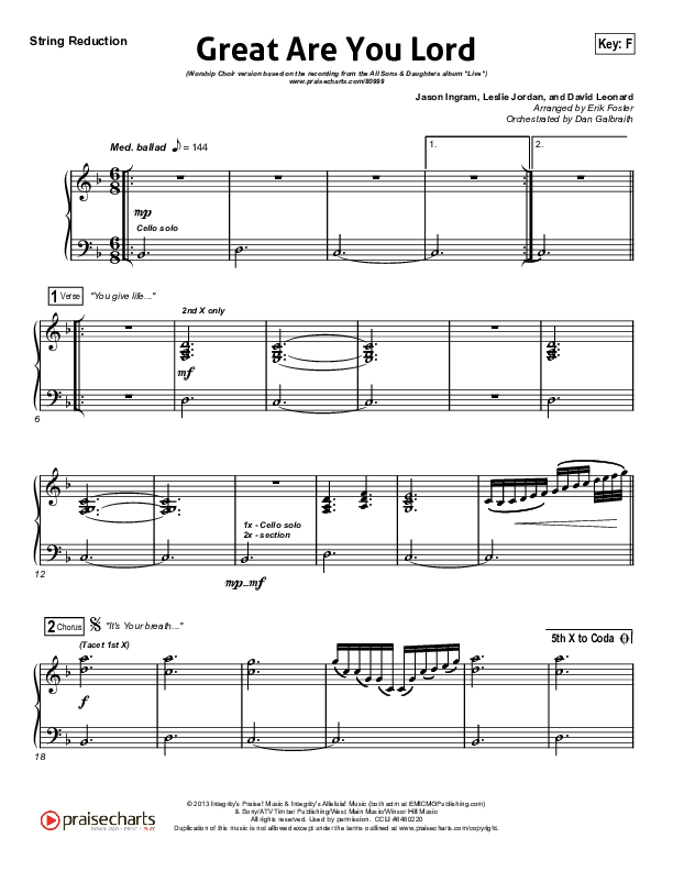 Great Are You Lord (Worship Choir/SAB) String Reduction (All Sons & Daughters / Arr. Erik Foster)