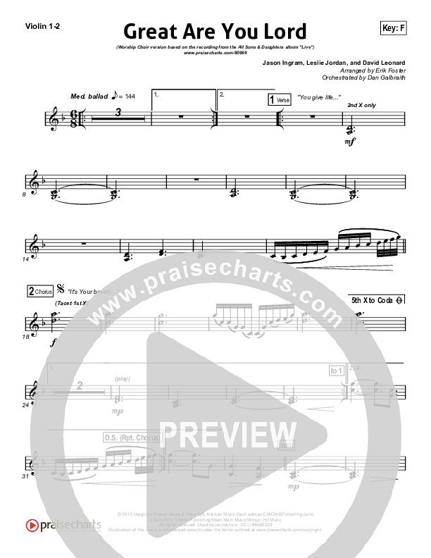 Great Are You Lord (Worship Choir/SAB) Violin 1/2 (All Sons & Daughters / Arr. Erik Foster)