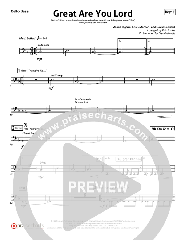 Great Are You Lord (Unison/2-Part) Cello/Bass (All Sons & Daughters / Arr. Erik Foster)