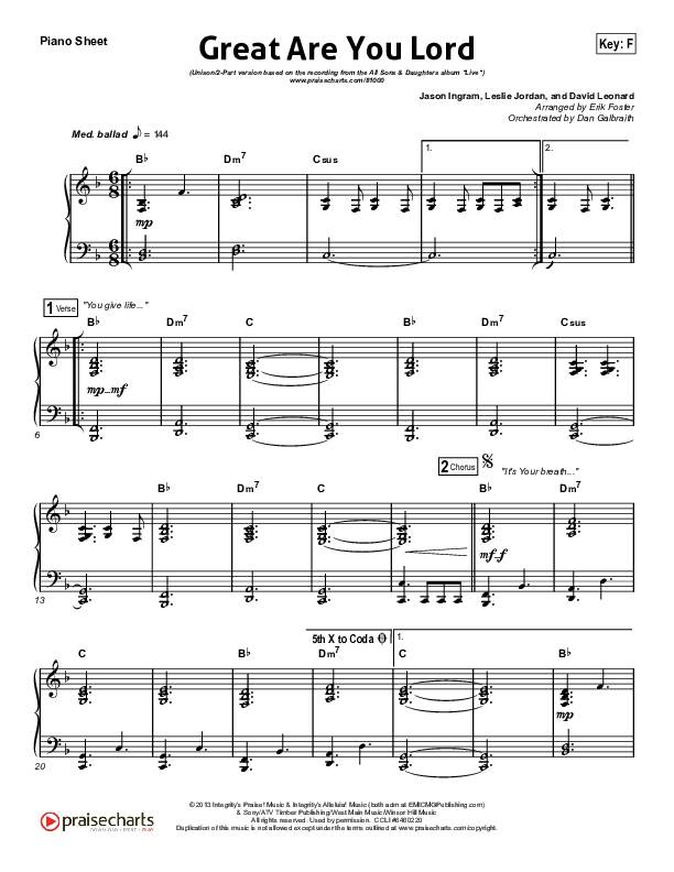 Great Are You Lord (Unison/2-Part) Piano Sheet (All Sons & Daughters / Arr. Erik Foster)