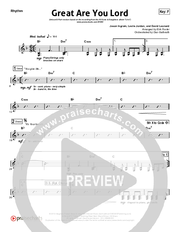 Great Are You Lord (Unison/2-Part) Rhythm Chart (All Sons & Daughters / Arr. Erik Foster)