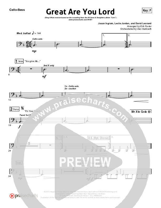 Great Are You Lord (Sing It Now) Cello/Bass (All Sons & Daughters / Arr. Erik Foster)