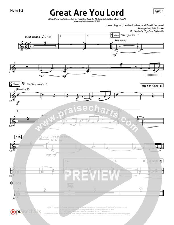 Great Are You Lord (Sing It Now) French Horn 1/2 (All Sons & Daughters / Arr. Erik Foster)