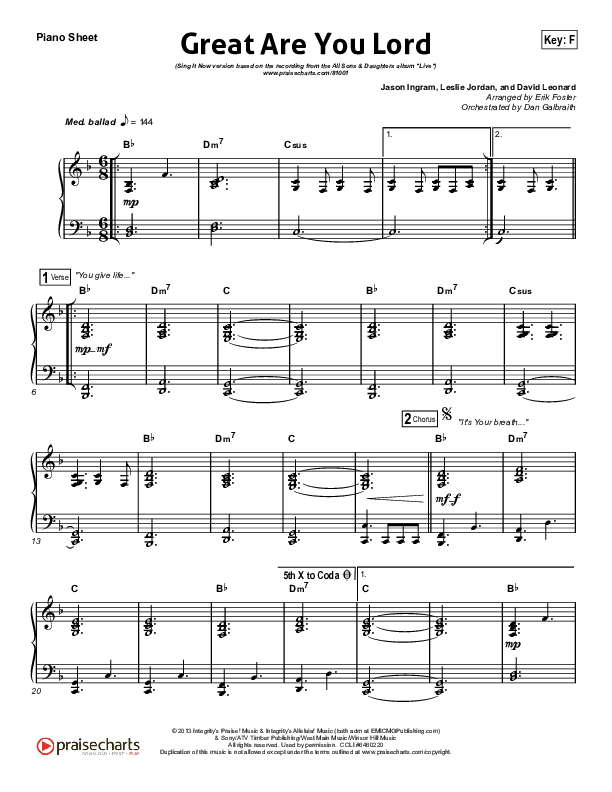 Great Are You Lord (Sing It Now) Piano Sheet (All Sons & Daughters / Arr. Erik Foster)