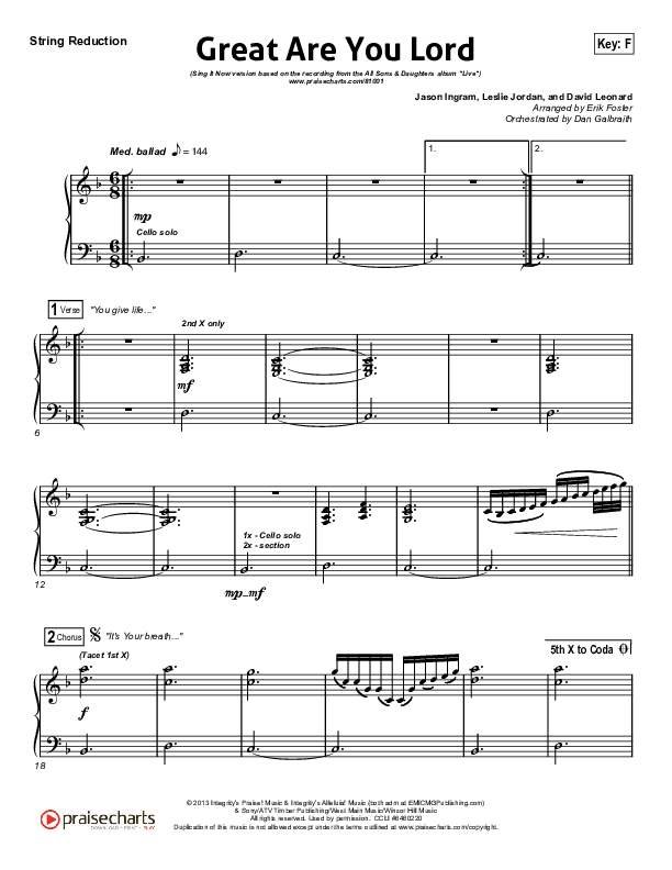 Great Are You Lord (Sing It Now) String Reduction (All Sons & Daughters / Arr. Erik Foster)
