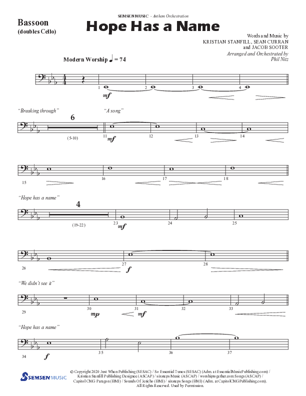 Hope Has A Name (Choral Anthem SATB) Bassoon (Semsen Music / Arr. Phil Nitz)