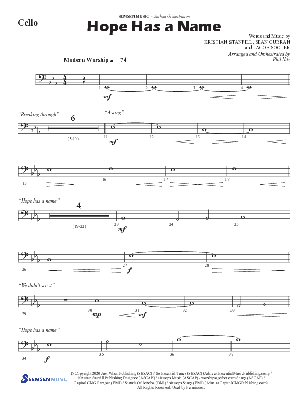Hope Has A Name (Choral Anthem SATB) Cello (Semsen Music / Arr. Phil Nitz)