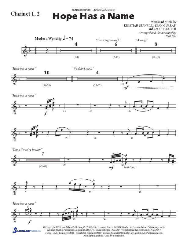 Hope Has A Name (Choral Anthem SATB) Clarinet 1/2 (Semsen Music / Arr. Phil Nitz)